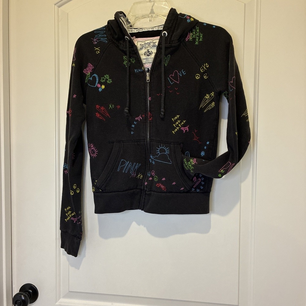Vintage Victoria's Secret PINK Black Embroidered Doodle Full Zip Hoodie Y2K
